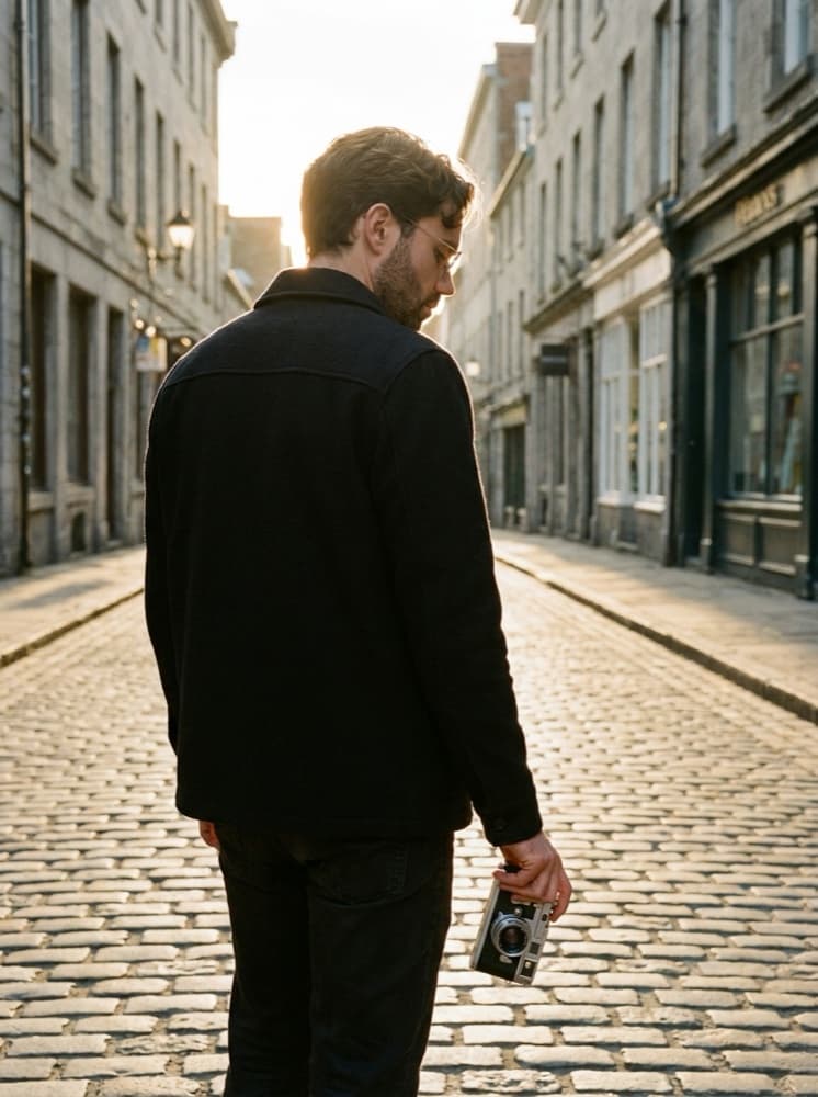 Johnny Unar on a street holding a film camera
